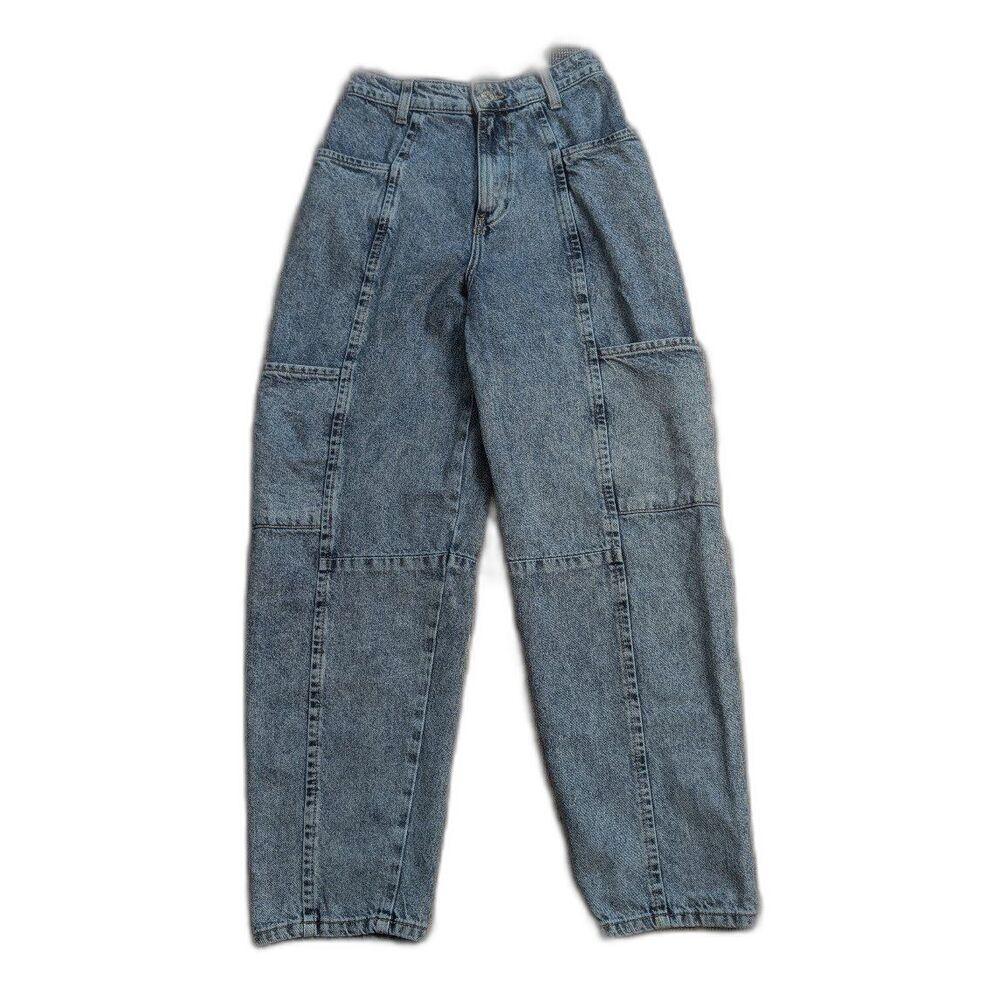 Forever 21 High Waisted Acid Wash Blue Denim Baggy Cargo Jeans Sz Small